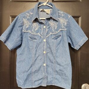 Vintage Embroidered Denim Shirt Womens 8 Floral Western Cottagecore Pockets